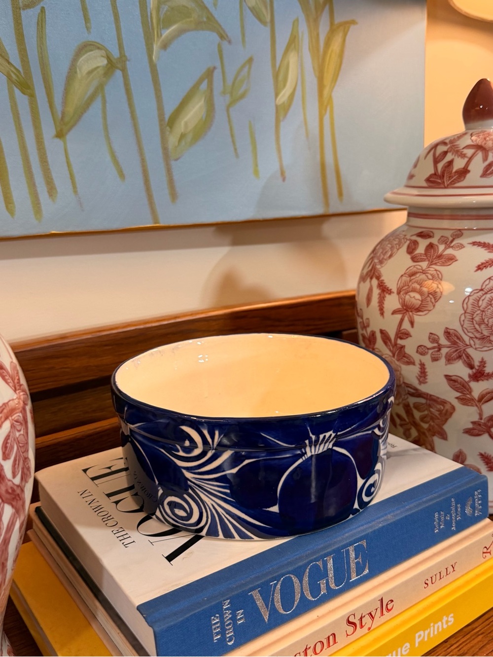 Hand-Painted Blue Ceramic Bowl with Cream Interior